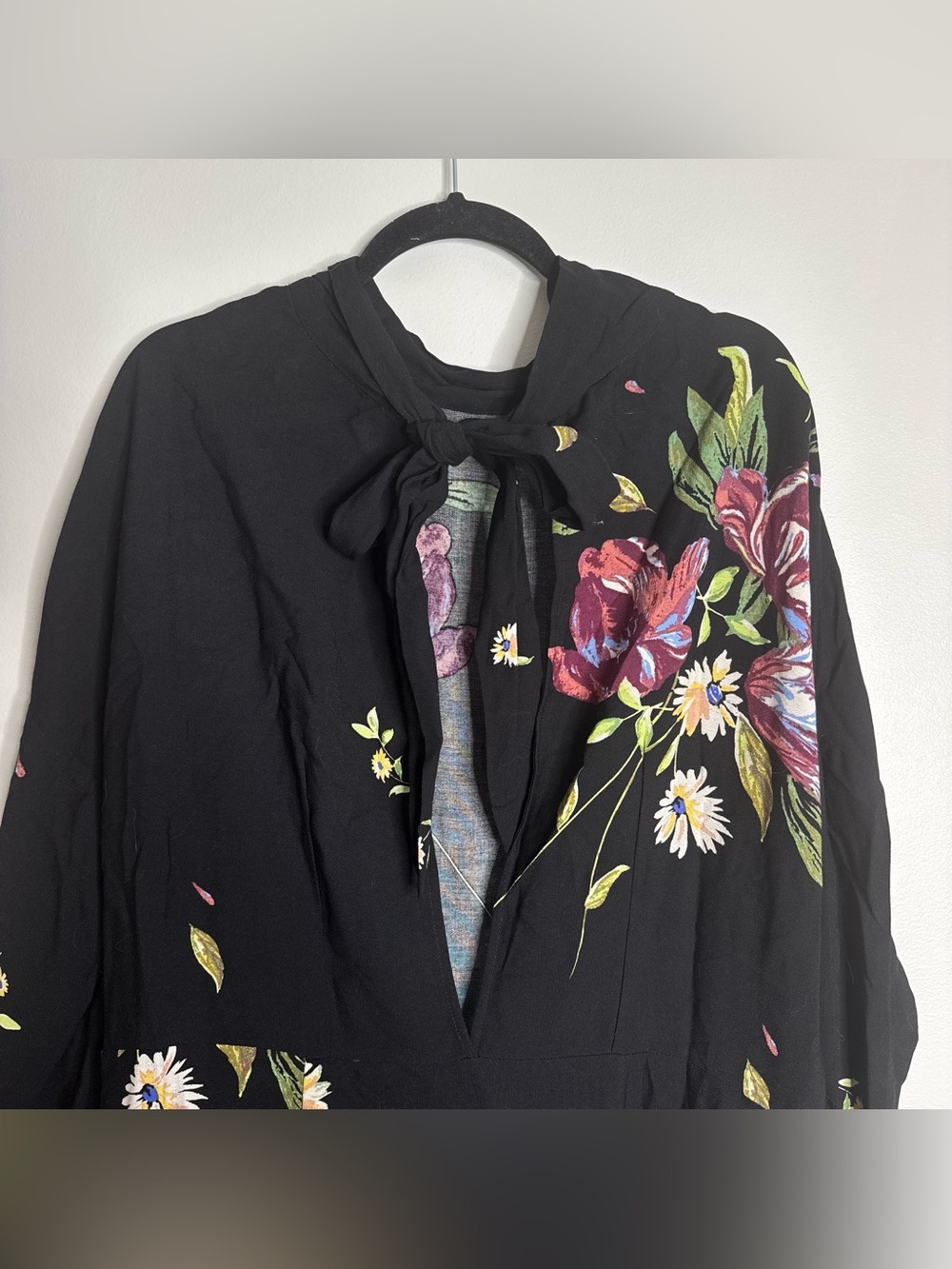 Free People Gemma Tunic Mini Dress Black Floral High Neck Open Back Tie Large - Picture 6 of 9